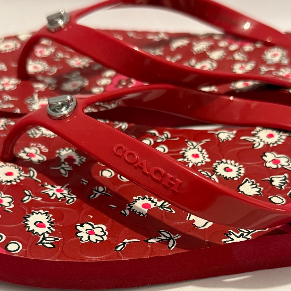 Coach Abbigail Red Floral Flip Flops sz 7-8 - Picture 3 of 11